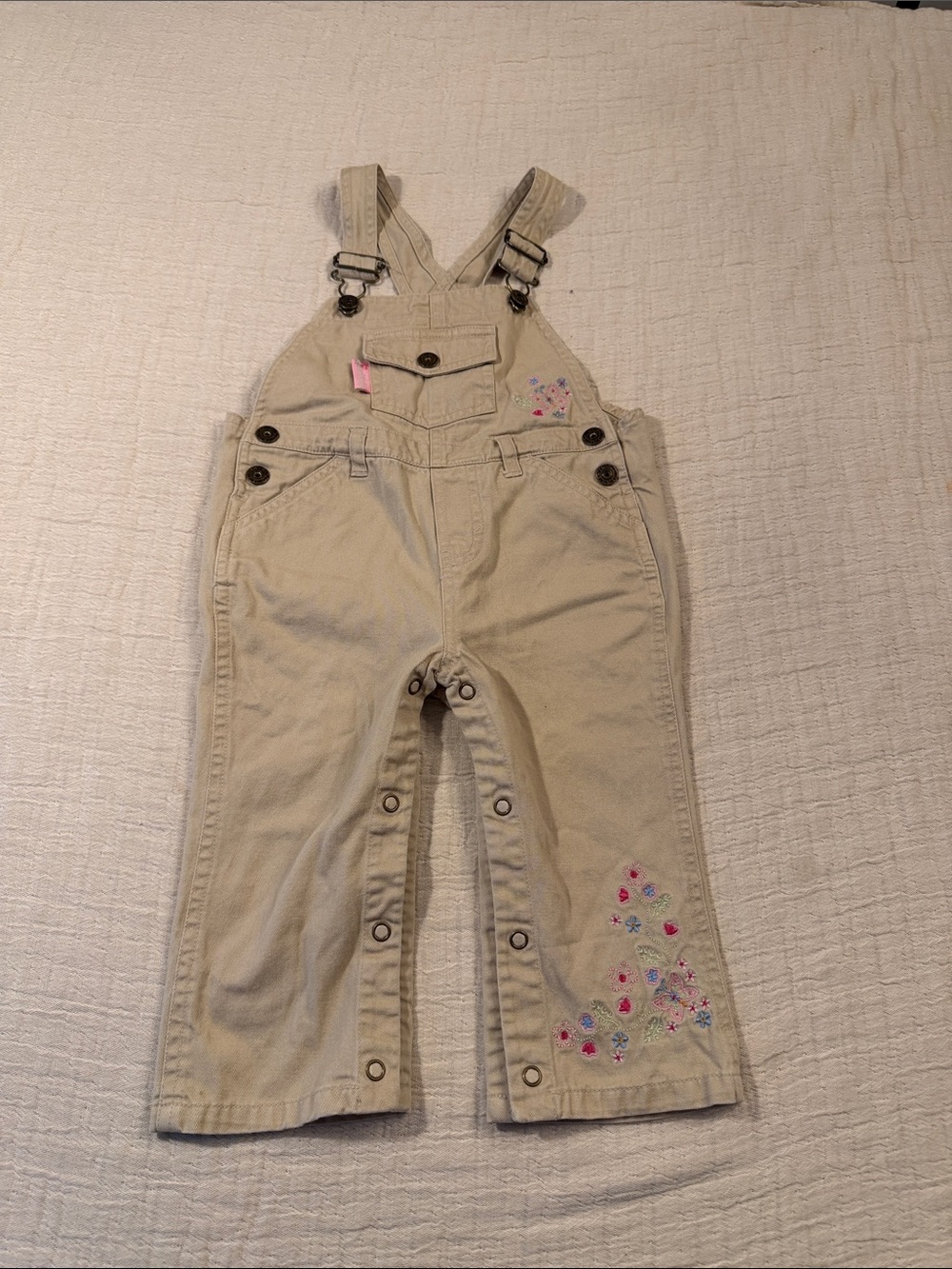 Vintage 90s/Y2K Carter’s Superwear 18M Khaki Floral Embroidered Overalls, sz 18m